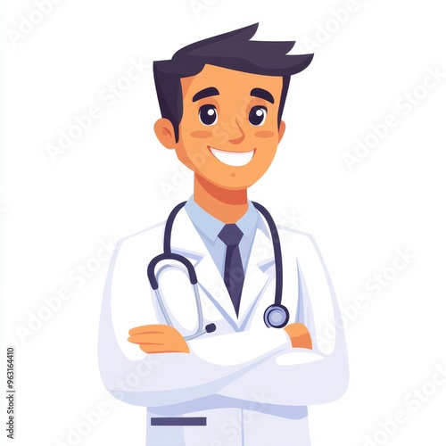Cheerful Doctor in White Coat and Stethoscope, Minimal Flat Design Illustration on White Background