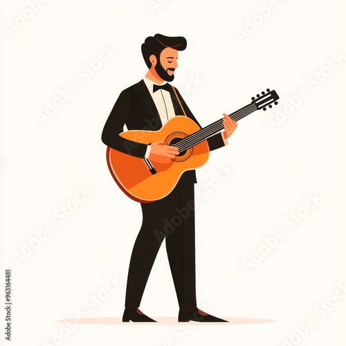 Minimalist Musician Portrait with Guitar on White Background