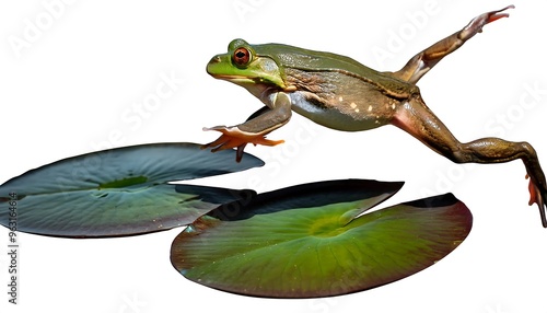 Provide a clipping path for a happy frog leaping from one lily pad to another. The path shou photo