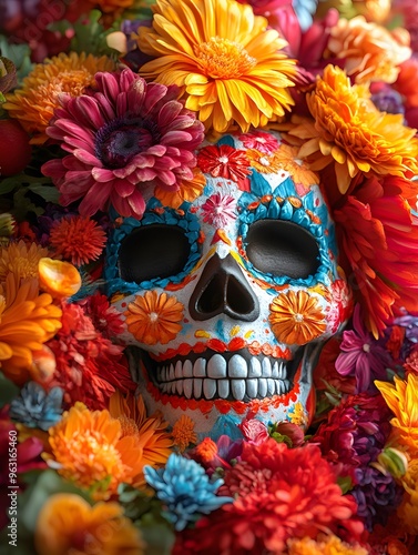 Skull with Festive Face Paint A cute skull with playful face paint in bright reds, yellows, and blues, smiling among vibrant flowers and symbols of celebration.