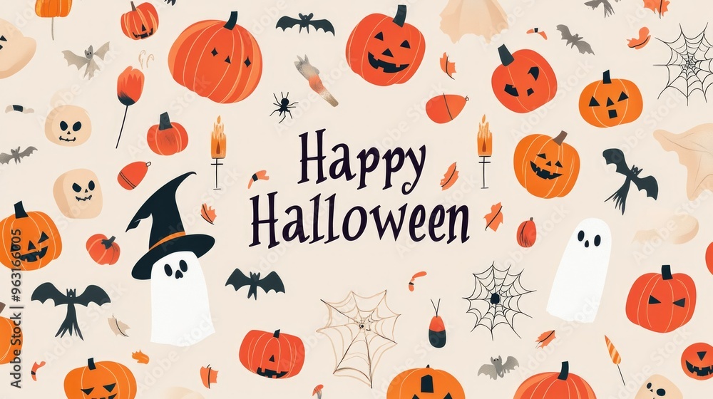 Illustrative design featuring various Halloween symbols like pumpkins, bats, ghosts with a festive Illustrative design featuring various Halloween symbols like pumpkins, bats, ghosts with a festive