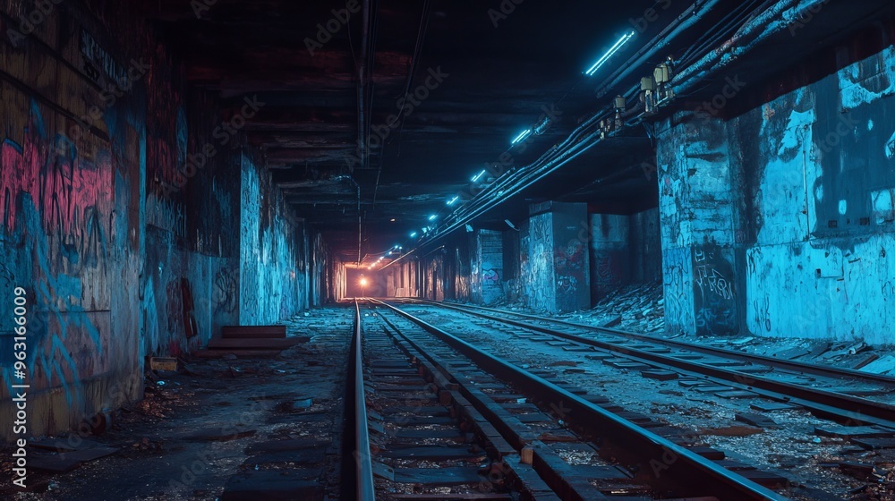 Abandoned Subway Tunnel with Rusted Tracks and Graffiti Walls, Bathed in Eerie Blue Light, Capturing Solitude and Decay Abandoned Subway Tunnel with Rusted Tracks and Graffiti Walls, Bathed in Eerie Blue Light, Capturing Solitude and Decay