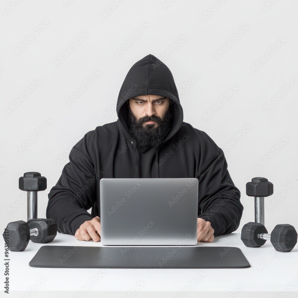 Cyber Fitness: Hacker Working on Laptop Surrounded by Exercise Gear on White Background Cyber Fitness: Hacker Working on Laptop Surrounded by Exercise Gear on White Background