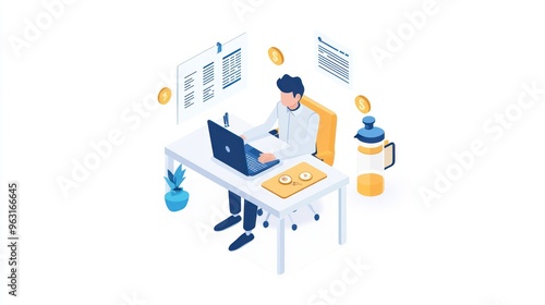 Modern Engineer Analyzing Marketing Data with Blender and Cutting Board on Desk in Blue and Yellow Theme