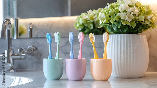 Pastel-Colored Toothbrushes in Modern Bathroom photo