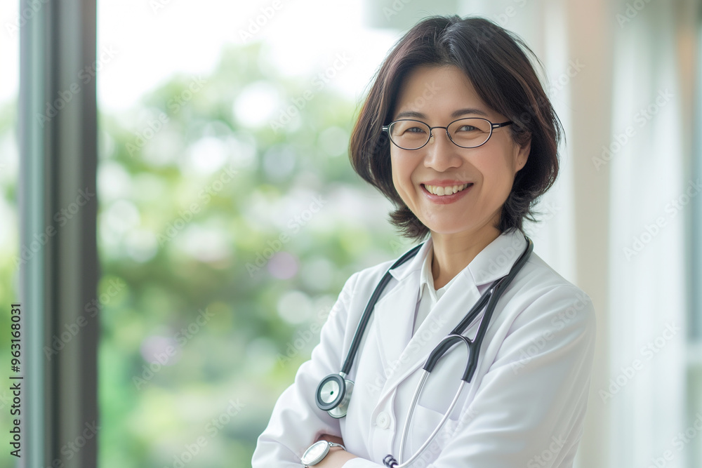 Smiling mature beautiful Asian female doctor standing in hospital. Occupation concept Smiling mature beautiful Asian female doctor standing in hospital. Occupation concept
