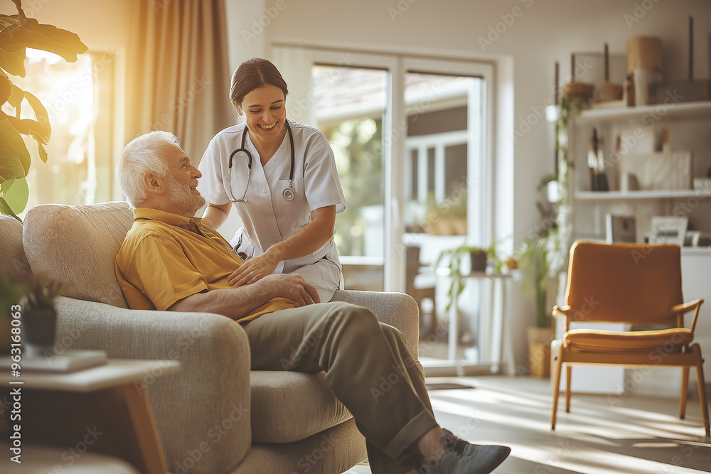 Nursing home assistance, smiling caregiver support health care to elderly senior patient in living room. Healthcare and medicare concept Nursing home assistance, smiling caregiver support health care to elderly senior patient in living room. Healthcare and medicare concept