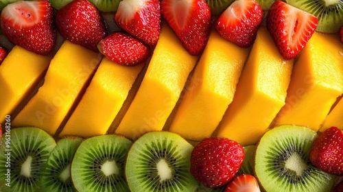 Mango slices arranged neatly in a tropical fruit salad with strawberries and kiwi.