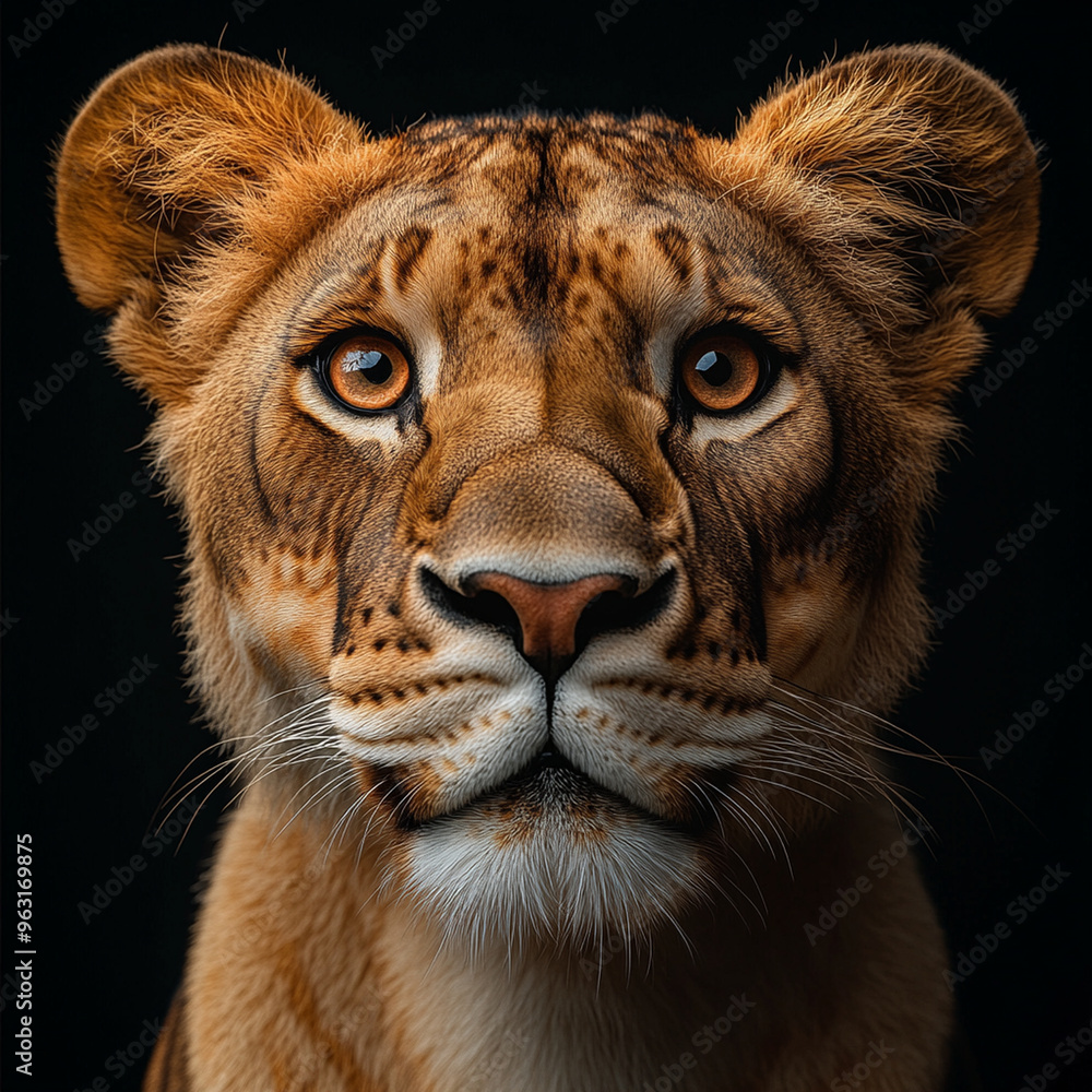 Majestic lioness portrait with striking features and intense gaze, showcasing her beautiful fur and expressive eyes. Majestic lioness portrait with striking features and intense gaze, showcasing her beautiful fur and expressive eyes.