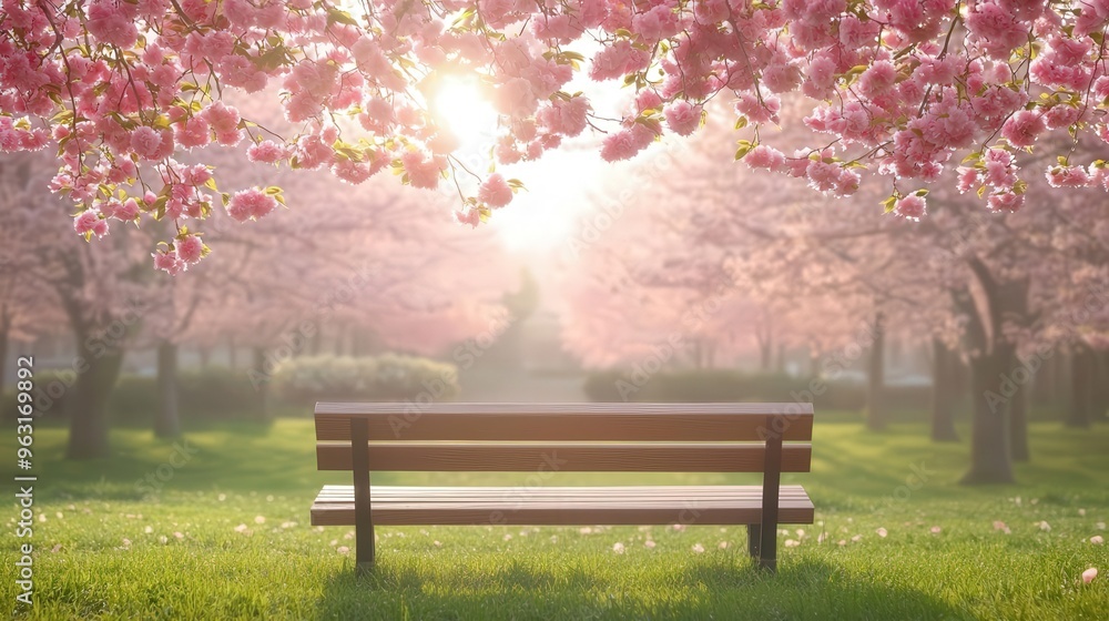 A serene park scene featuring a wooden bench under blooming cherry trees, bathed in warm sunlight, ideal for relaxation. A serene park scene featuring a wooden bench under blooming cherry trees, bathed in warm sunlight, ideal for relaxation.