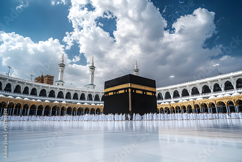 Sacred view of the Kaaba with worshippers in white Ihram, surrounded by grand mosque arches under a partly cloudy sky