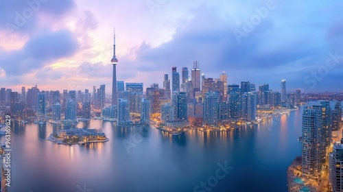 Wallpaper Mural Stunning skyline view of a vibrant city at dusk, featuring modern architecture, water reflections, and atmospheric clouds. Torontodigital.ca