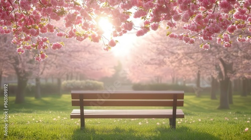 A serene park scene featuring a wooden bench under blooming cherry trees, bathed in warm sunlight, ideal for relaxation. photo