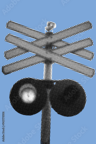 Close up of traffic light on railroad crossing intersection barrier pixelate color halftone dotted texture style collage element