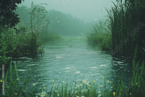twilight lake in green tones In the forest during the rain
