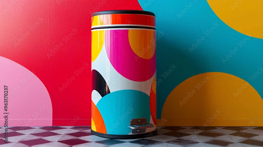 Fototapeta premium Colorful trash can with geometric pattern on a red, blue, pink and yellow background.