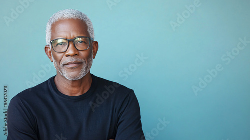 Mature man with gray hair and a beard wearing glasses is posing on a blue background