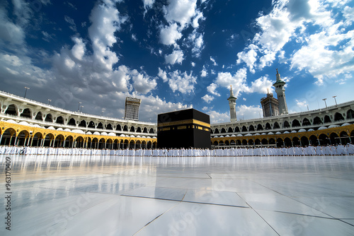 Tranquil scene of the Kaaba surrounded by white Ihram-clad worshippers, under soft clouds and blue sky at Masjid al-Haram photo