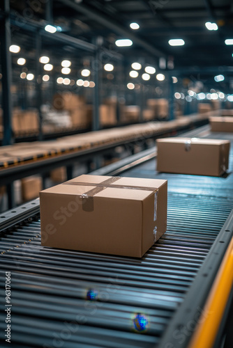 Conveyor Belts, Conveyor belts carrying packages demonstrate fast and organized order fulfillment in modern warehouses, enhancing efficiency