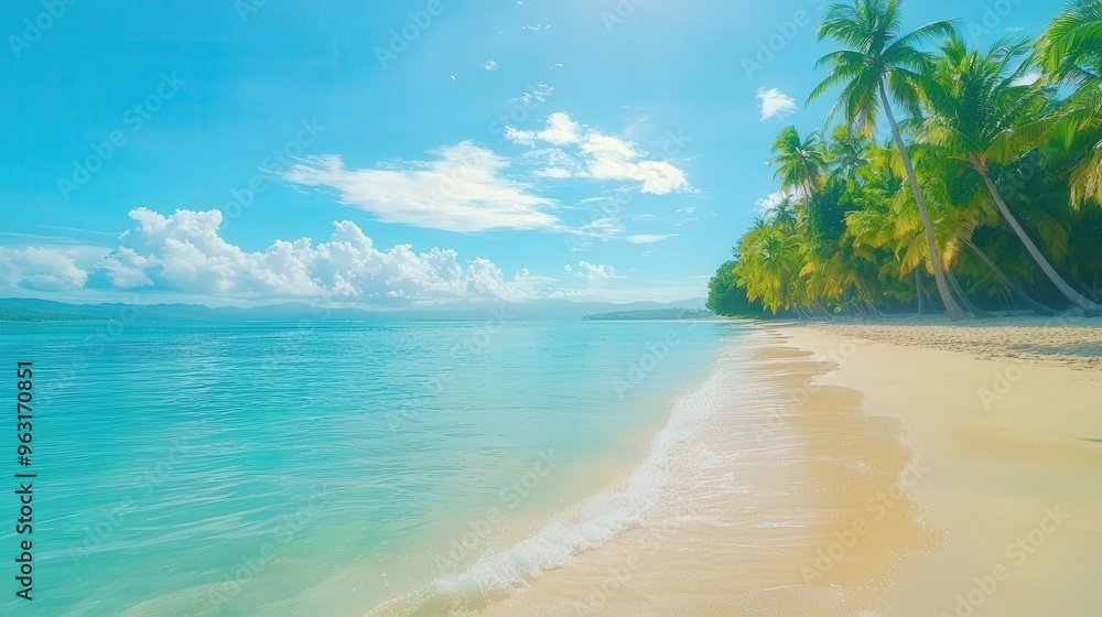 Obraz premium A serene beach scene with clear turquoise water, soft sand, and lush palm trees under a bright blue sky.