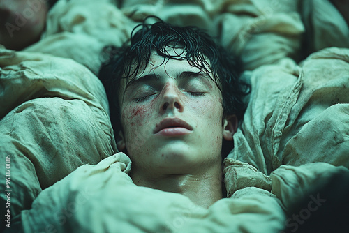 young person with a damage on a face sleeps among the pillows 