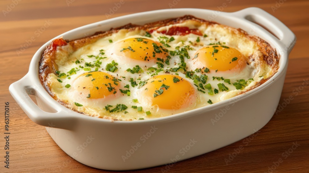 Delicious baked eggs with a golden yolk, garnished with fresh herbs, served in a white casserole dish on a wooden table. Delicious baked eggs with a golden yolk, garnished with fresh herbs, served in a white casserole dish on a wooden table.