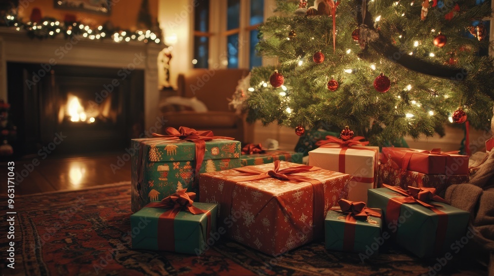 Christmas gifts with colorful wrapping paper and bows, sitting under a lit tree in a cozy living room. Christmas gifts with colorful wrapping paper and bows, sitting under a lit tree in a cozy living room.