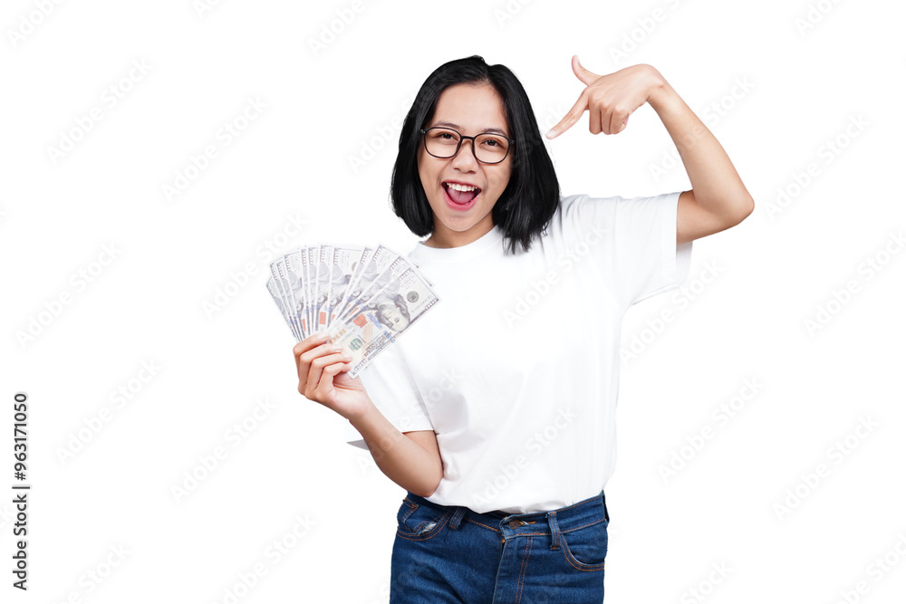 An asian woman holding money and pointing isolated transparent An asian woman holding money and pointing isolated transparent