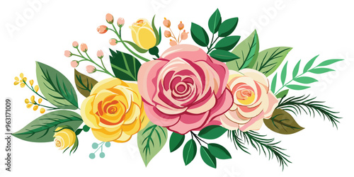 Wallpaper Mural Colorful Floral Branch with Pink & Yellow Roses, Wildflowers - Vector style on white background.  Torontodigital.ca