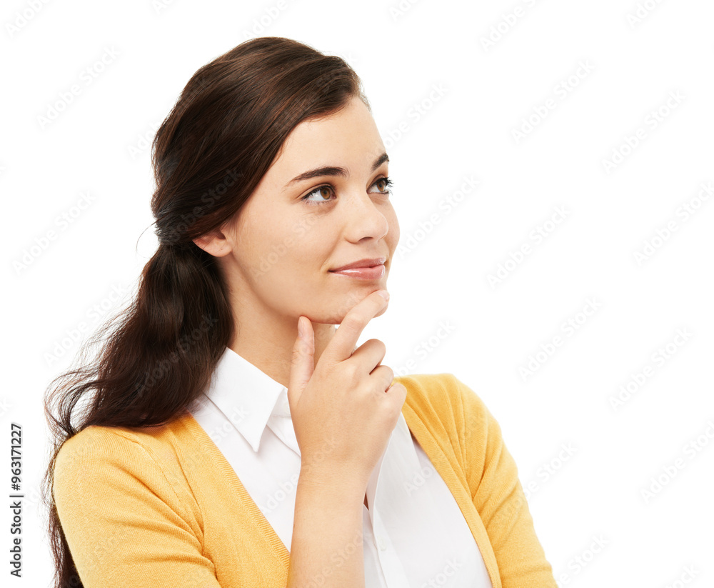Studio, thinking and woman with smile, ideas and planning of lesson, teacher and professional for education. White background, mockup and contemplating of person, knowledge and curriculum in school Studio, thinking and woman with smile, ideas and planning of lesson, teacher and professional for education. White background, mockup and contemplating of person, knowledge and curriculum in school