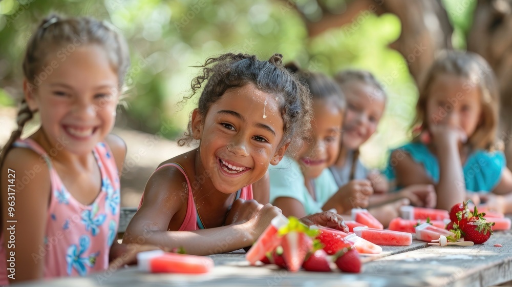 A group of children sitting around a picnic table, each enjoying a popsicle. The lively conversation and happy faces create a sense of community and summer fun. A group of children sitting around a picnic table, each enjoying a popsicle. The lively conversation and happy faces create a sense of community and summer fun.