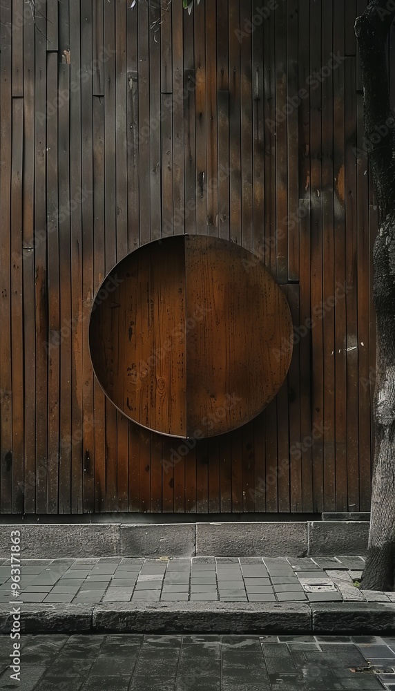 photo of a wooden wall featuring a circular mockup signboard, set in a street setting, perfect for photo of a wooden wall featuring a circular mockup signboard, set in a street setting, perfect for