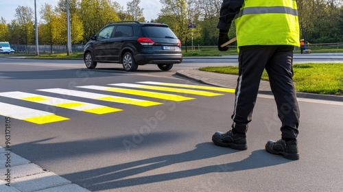 Wallpaper Mural A highway worker dressed in reflective gear paints yellow stripes on a crosswalk while standing in shallow water on a city street, surrounded by trees and vehicles Torontodigital.ca