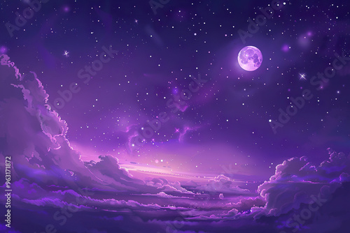 A purple sky with a large moon and many stars,