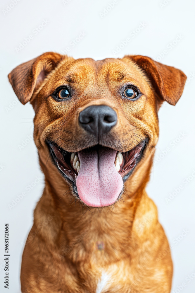Happy Mixed Breed Dog, Studio photo of a joyful mixed breed dog smiling broadly with its tongue out, sitting against a clean white background Happy Mixed Breed Dog, Studio photo of a joyful mixed breed dog smiling broadly with its tongue out, sitting against a clean white background