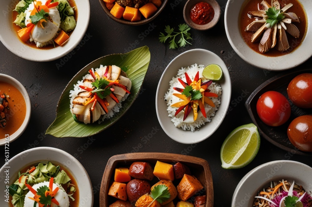 Gourmet Peruvian Dishes in Stylized Overhead View Modern Culinary Presentation Ai Generated Gourmet Peruvian Dishes in Stylized Overhead View Modern Culinary Presentation Ai Generated