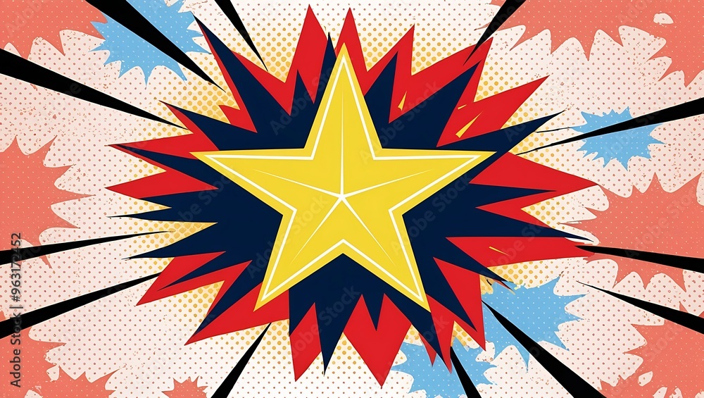 Minimalist pop art background with red and blue colors, halftone dots, bold black lines, and a yellow star. Minimalist pop art background with red and blue colors, halftone dots, bold black lines, and a yellow star.