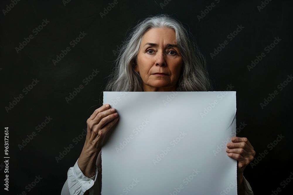 Elderly woman holding blank white sheet of paper. Old lady on bright background. AI generated Elderly woman holding blank white sheet of paper. Old lady on bright background. AI generated