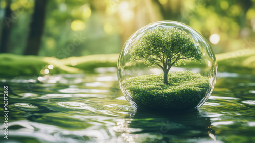 Protected Tree Sphere, A beautiful tree enclosed in a glass sphere sits on a vibrant green surface, representing the importance of nature conservation for Environment Day