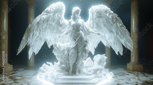 Divine Angelic Guardian with White Wings and a Glowing Halo Representing Purity and Protection
純潔と保護を象徴する白い翼と輝く光輪を持つ神の天使の守護者.Generative AI photo