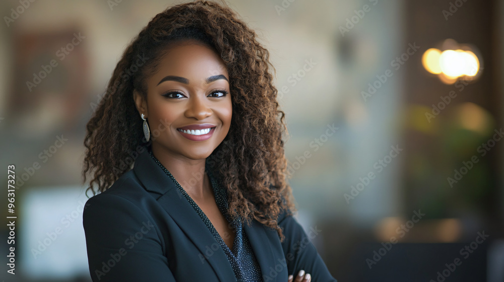 Obraz premium Businesswoman is smiling while standing in an office building with her arms crossed