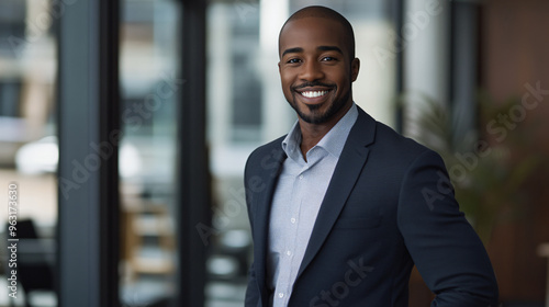 Successful young manager exudes confidence and positivity in modern office, with city views in the background