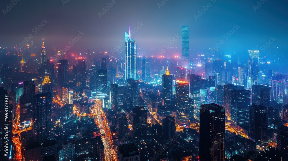 Fototapeta premium Nighttime Cityscape: A Vibrant Aerial View of a Modern Metropolis