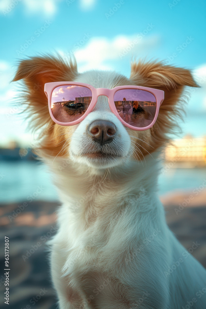 Dog in Sunglasses, A cute little dog is wearing stylish pink aviator sunglasses, exuding charm and playfulness in a sunny outdoor setting Dog in Sunglasses, A cute little dog is wearing stylish pink aviator sunglasses, exuding charm and playfulness in a sunny outdoor setting