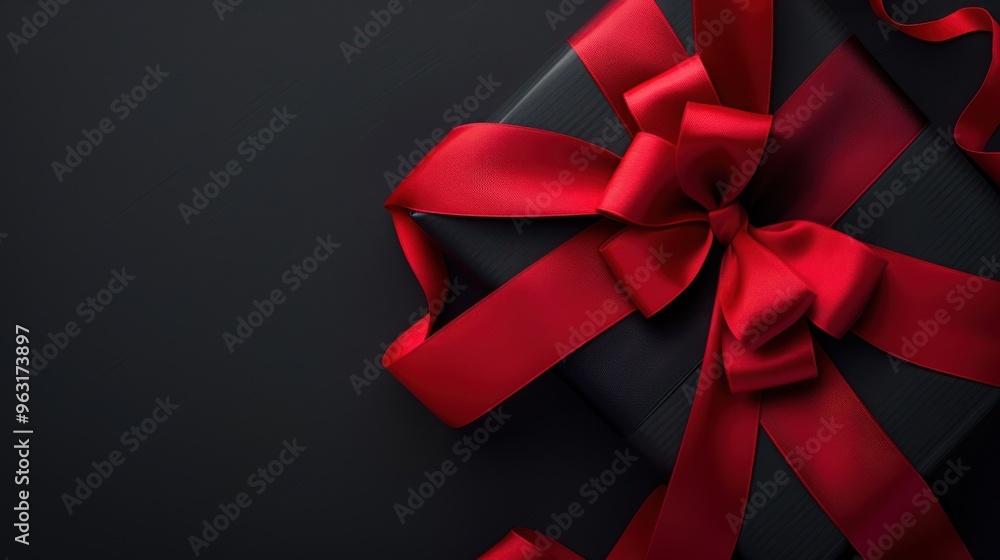 Black gift box with red ribbon bow isolated on black background, top view copy space black friday concept Black gift box with red ribbon bow isolated on black background, top view copy space black friday concept
