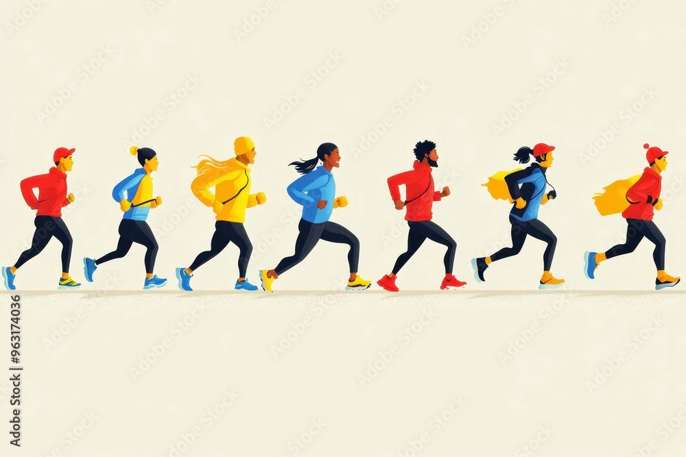 Playful cartoonish figures transitioning between active and sedentary lifestyles shown through bold color changes and movement, illustrating the dynamics of fitness and relaxation. Playful cartoonish figures transitioning between active and sedentary lifestyles shown through bold color changes and movement, illustrating the dynamics of fitness and relaxation.