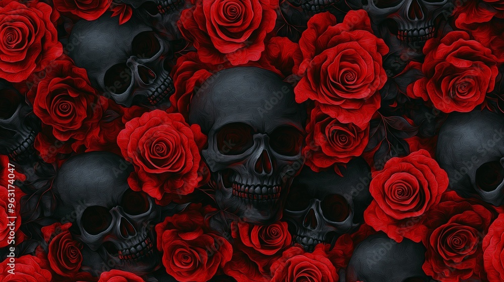 Gothic black skulls and red roses pattern, dark macabre design Gothic black skulls and red roses pattern, dark macabre design