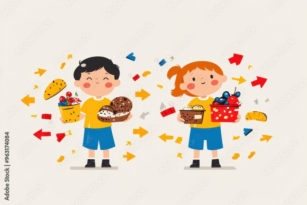 Simplified child figures holding both healthy and unhealthy food surrounded by arrows indicating growth and health changes, illustrating the impact of dietary choices on children's development. Simplified child figures holding both healthy and unhealthy food surrounded by arrows indicating growth and health changes, illustrating the impact of dietary choices on children's development.