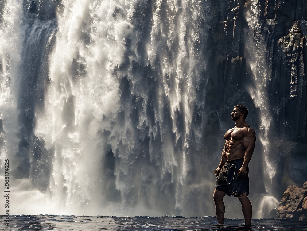 Obraz premium Bodybuilder Posing Before Cascading Waterfall Emphasizing Natural Power and Majesty