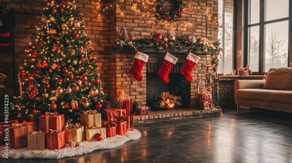 Fototapeta premium Cozy Christmas living room with a decorated tree, stockings by the fireplace, and presents underneath.